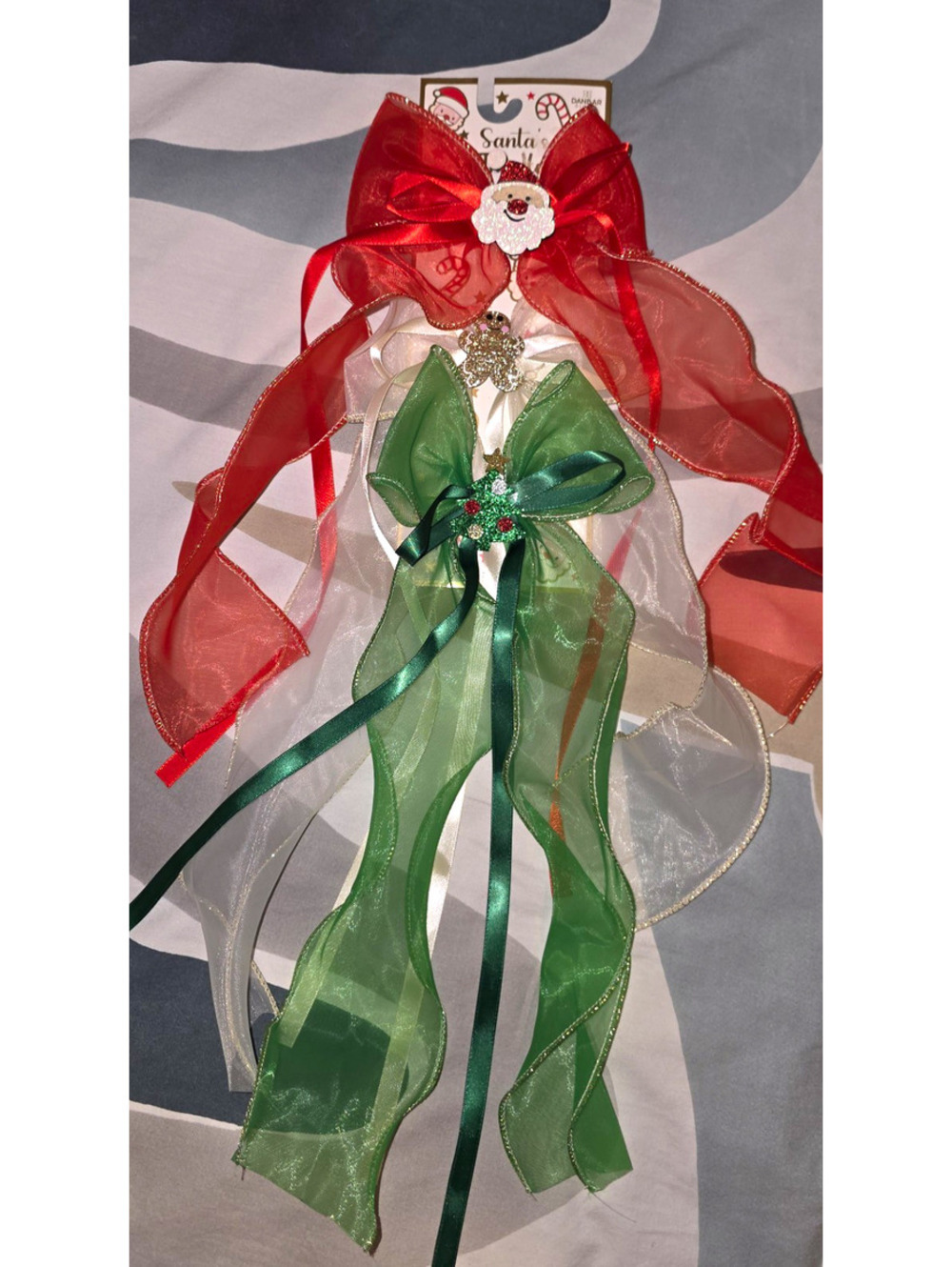 Christmas Sheer Ribbon Gift Bow Lot w/ Glitter, Red Green & White Decoration